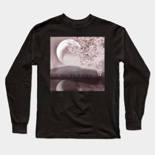 Blooming Sakura tree on water. Full moon romantic landscape watercolor Long Sleeve T-Shirt